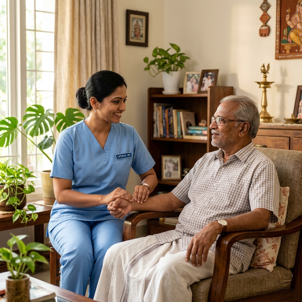 Professional South Indian nurse providing elderly care at home