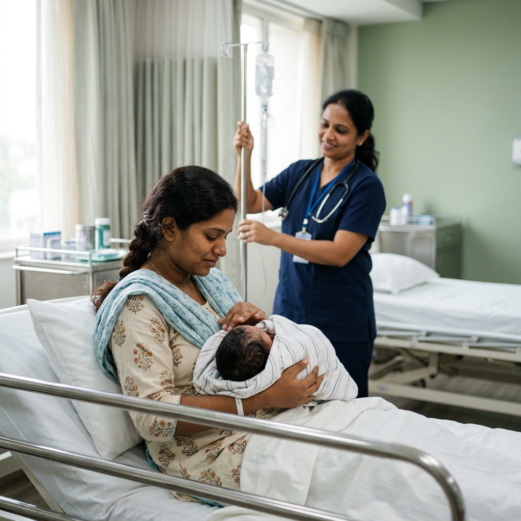 South Indian mother holding newborn in hospital ward