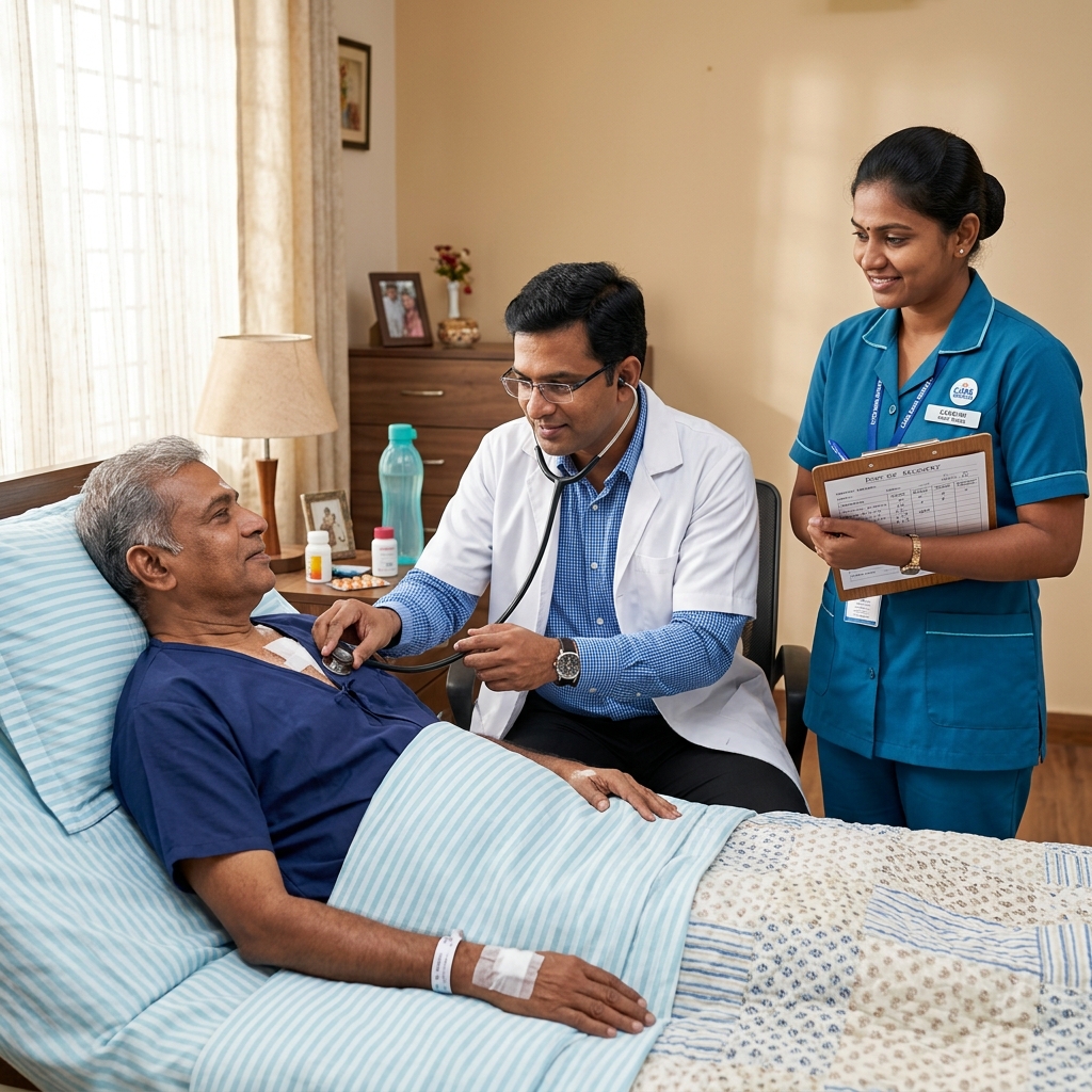 Doctor and nurse examining patient at home