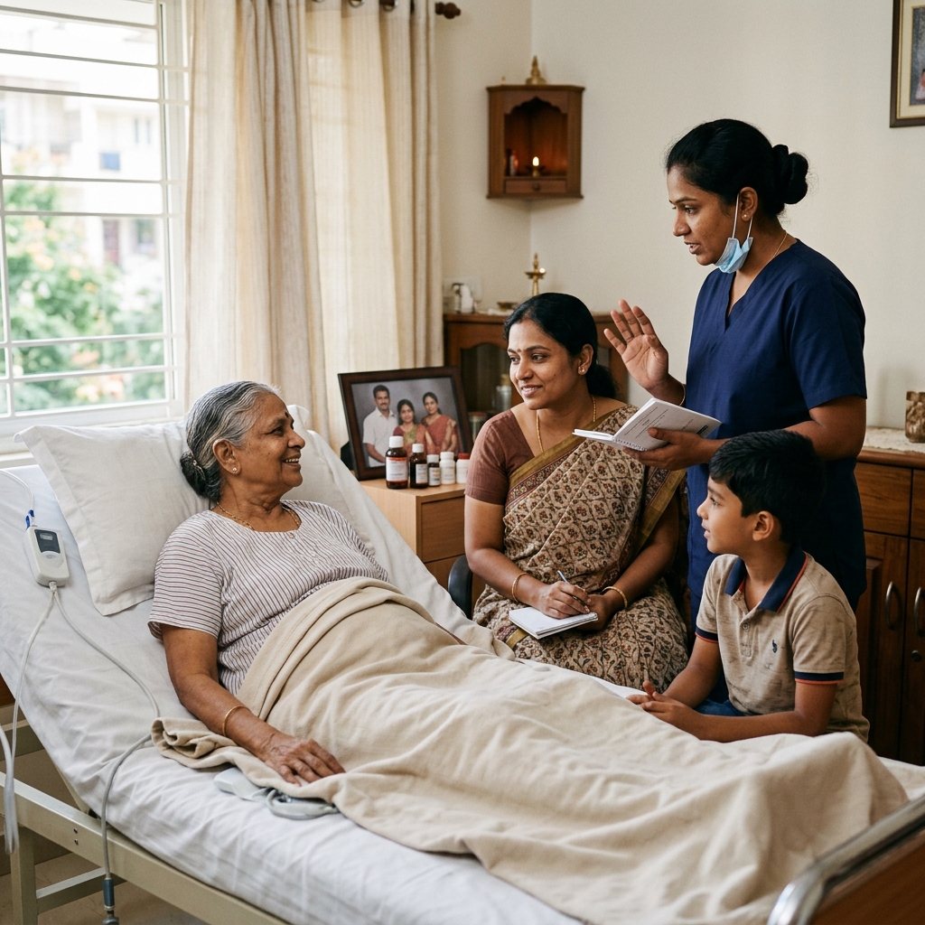 Nurse explaining post-surgery care instructions to family
